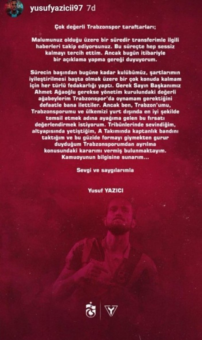 Yusuf Yazıcı'dan Trabzonspor'a veda mesajı