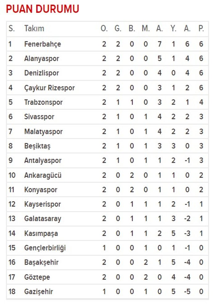 İlk 2 haftası geride kalan Süper Lig'de son durum