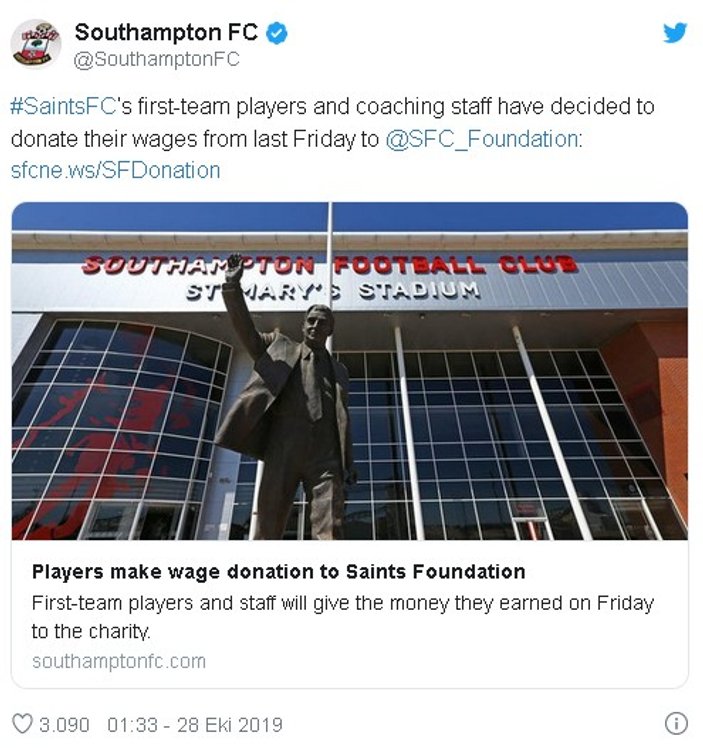 9-0 sonrası Southampton oyuncuları maaşlarını bağışladı