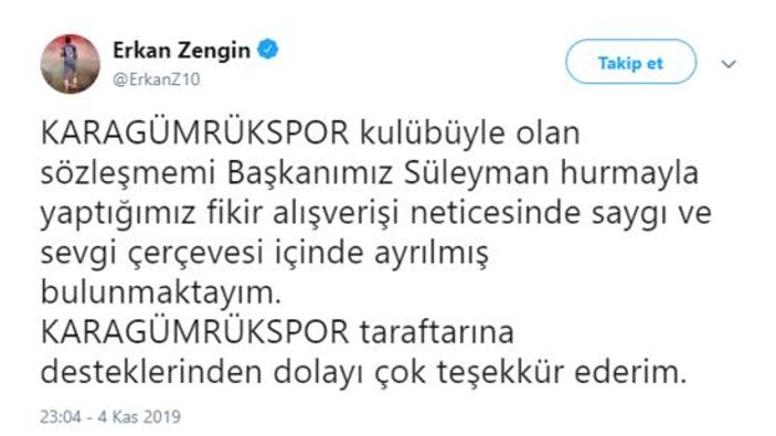 Karagümrük, Erkan Zengin ile yollarını ayırdı