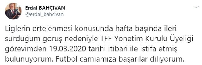 Erdal Bahçıvan, TFF'deki görevinden istifa etti