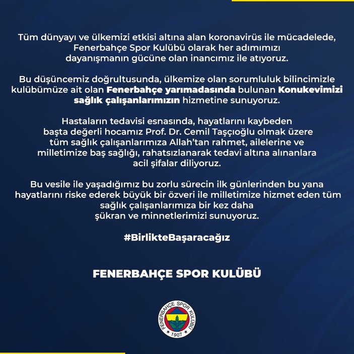 Fenerbahçe'den sağlık çalışanlarına destek