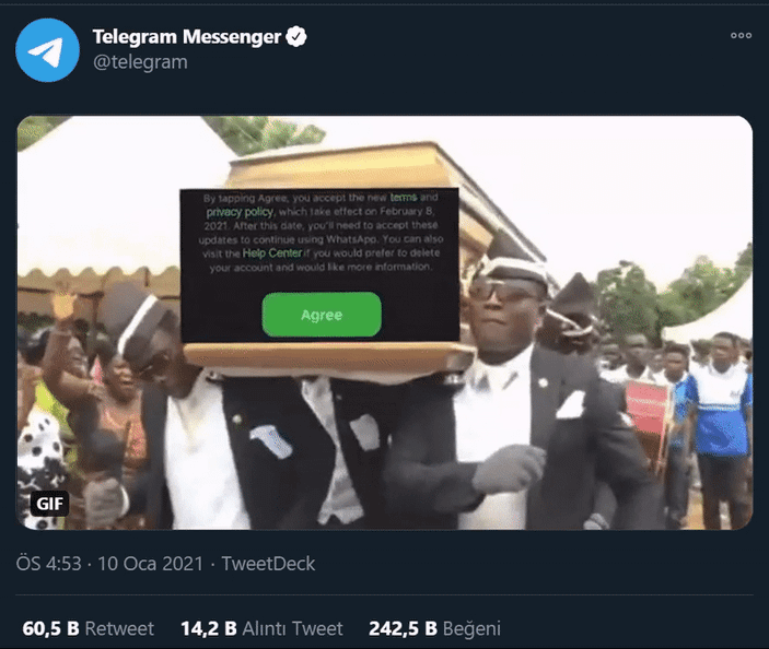 Telegram'dan WhatsApp'a tabutlu gönderme