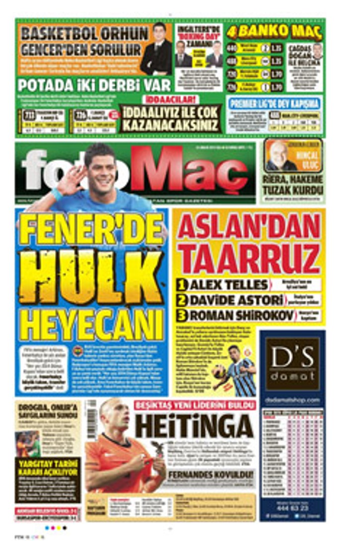 Spor gazetelerinin manşetleri (24-12-2013)