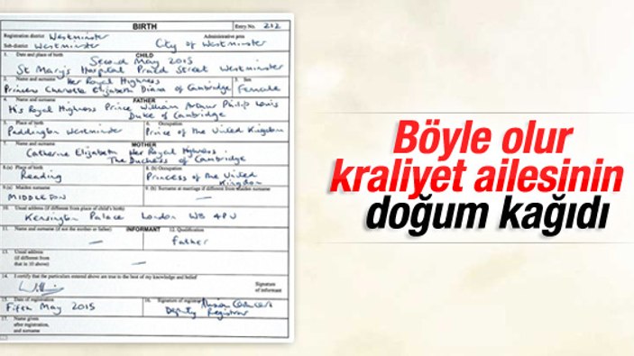 Prenses Charlotte Elizabeth Diana'ın doğum belgesi