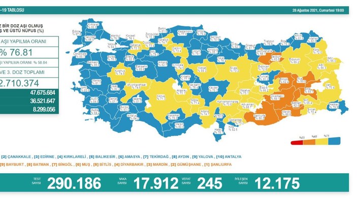 28 Ağustos Türkiye'de koronavirüs tablosu