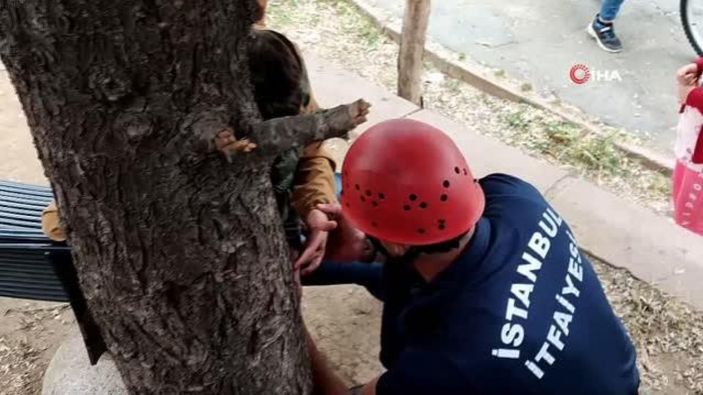 Arnavutköy’de parkta otururken parmağını banka sıkıştırdı