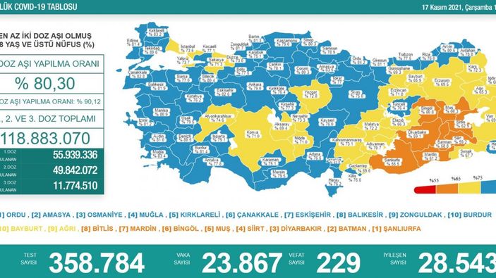 17 Kasım Türkiye'de koronavirüs tablosu