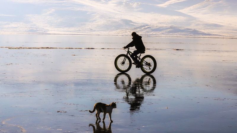Buz tutan Çıldır Gölü'nde bisiklet keyfi