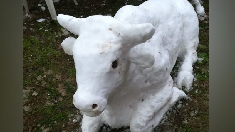 Bursa'da öğretmenin yaptığı kardan boğa