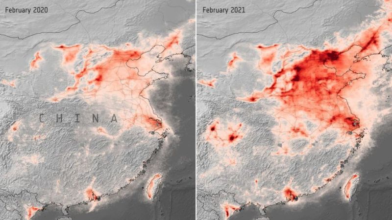 Normalleşmenin ardından hava kirliliğinin arttığını gösteren uydu görüntüsü