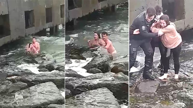 Trabzon'da denize düşen kızın kurtarılma anı