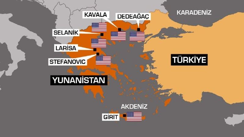Yunanistan'daki Amerikan üslerini gösteren harita