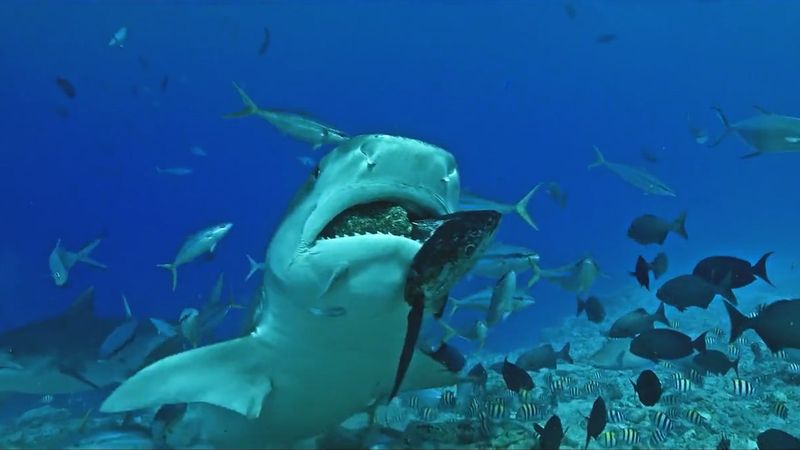 Maldivler'de avını yerken kayayı yutan köpek balığı