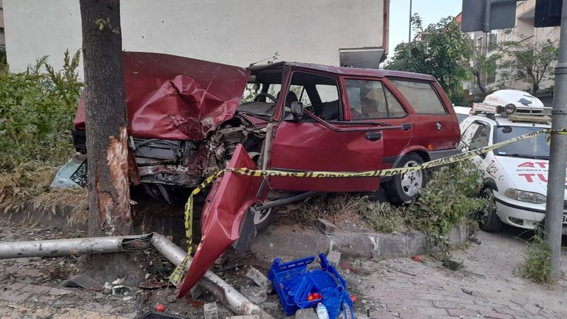 Bayrampaşa'da domates yüklü otomobil ağaca çarptı domatesler yola savruldu