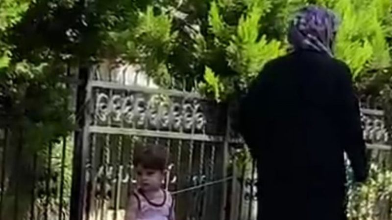 Küçükçekmece'de iple çocuk gezdiren kadın