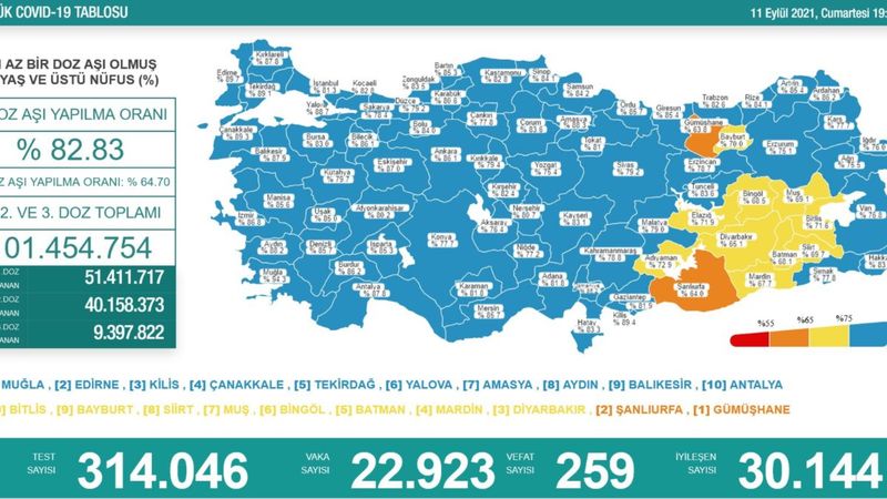 11 Eylül koronavirüs tablosu