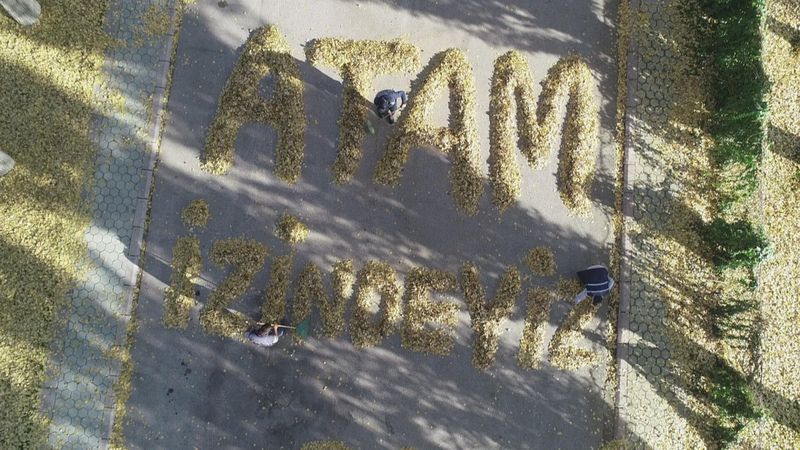 Eskişehir'de temizlik işçileri, yapraklarla 'Atam izindeyiz' yazdı