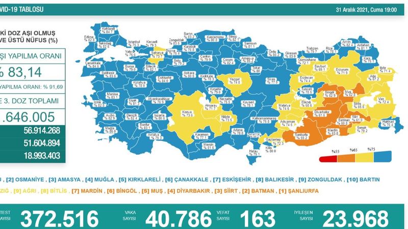 31 Aralık Türkiye'de koronavirüs tablosu