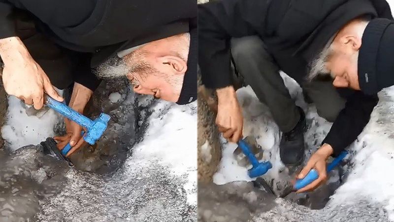 Erzurum’da, buz tutan boruda mahsur kalan kedi kurtarıldı