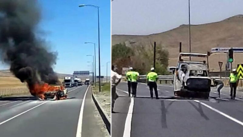 Ankara'da kırmızı ışıkta bekleyen araca çarpan otomobil yandı