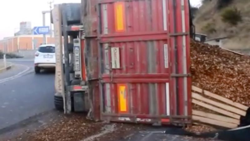 Manisa’da talaş yüklü tır devrildi