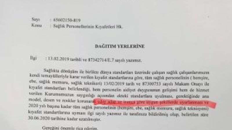 Sağlık kurumlarına gönderilen kıyafet genelgesi