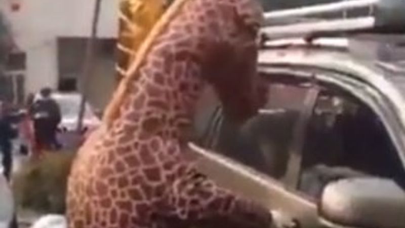 Koronavirüsten zürafa kostümüyle korunmaya çalışan Çinli