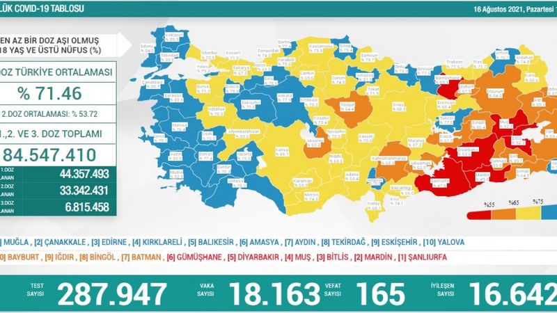 16 Ağustos Türkiye'de koronavirüs tablosu