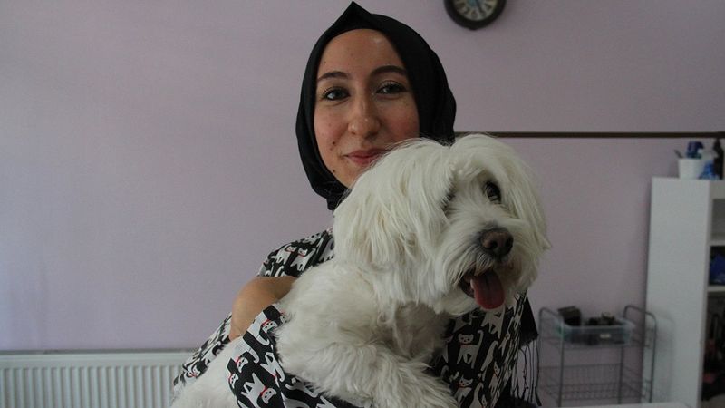 Kayseri'de devlet desteğiyle açtığı kuaför salonunda evcil hayvanları güzelleştiriyor