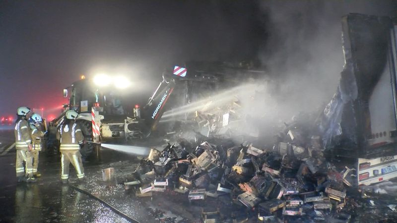 İstanbul'da 6 ton çilek yüklü TIR alev alev yandı