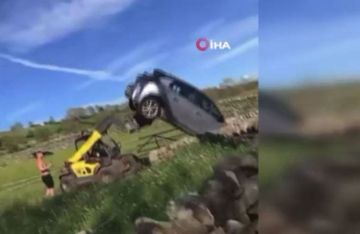A person in England turned the vehicle in front of his farm over with a construction machine #1