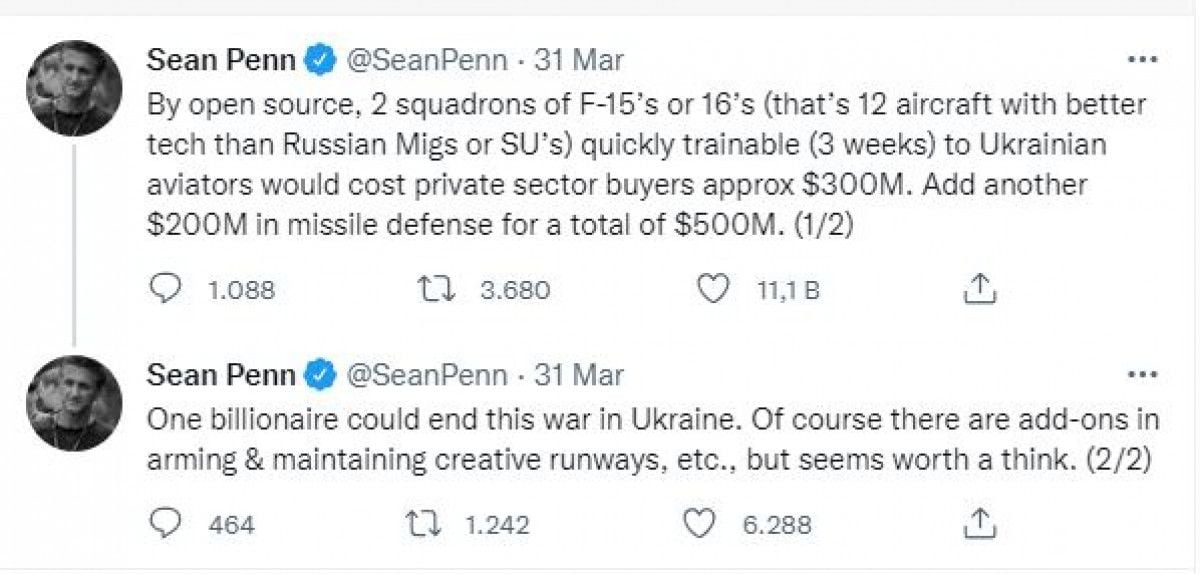 US star Sean Penn invites billionaires to buy fighter jets #1