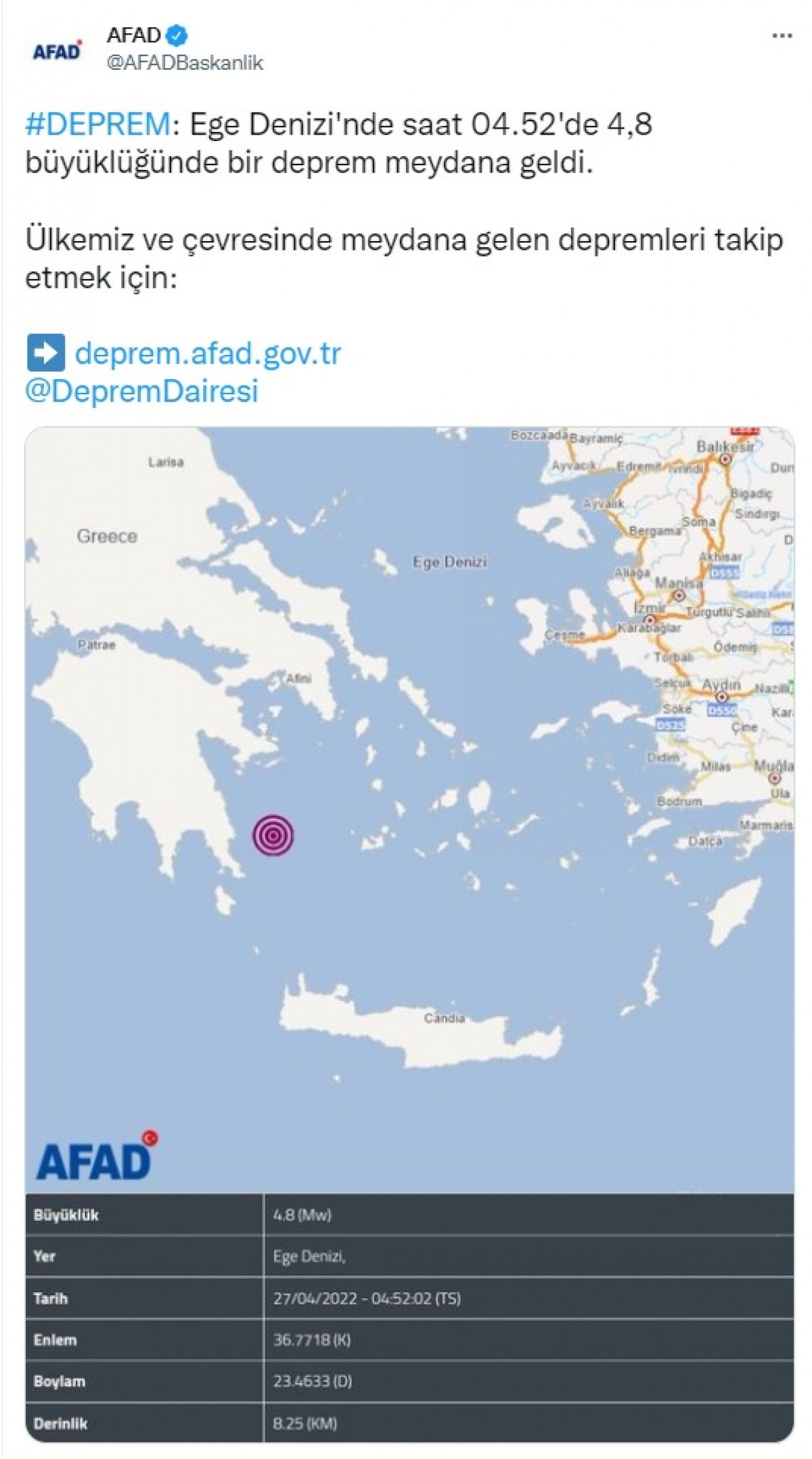 Ege Denizi nde 4.8 büyüklüğünde deprem #1