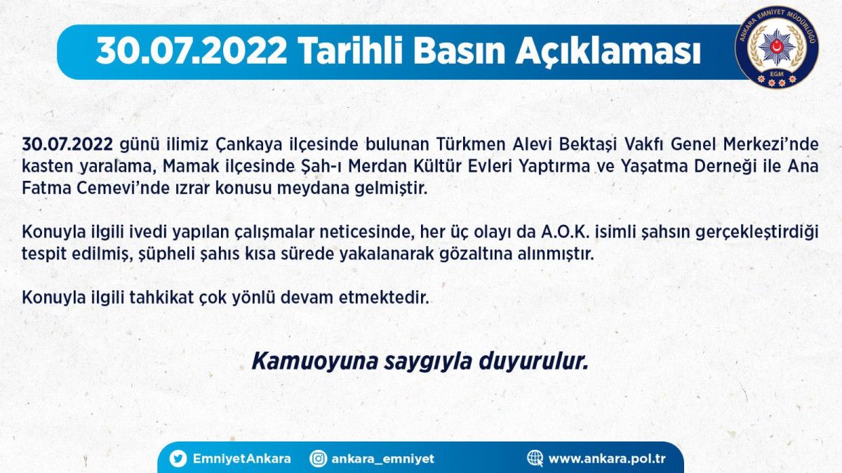 Ankara da 3 ayrı Cemevine saldıran şüpheli yakalandı #2