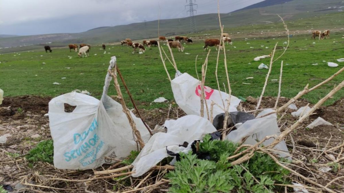 Ardahan'da köylülerden belediyeye serzeniş: Arazimiz çöp poşetleri ile dolu