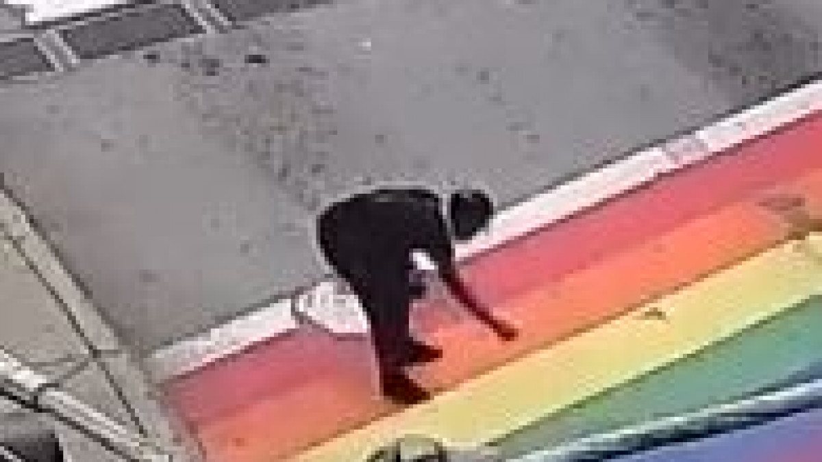 In the USA, a swastika was drawn on a crosswalk with an LGBT flag