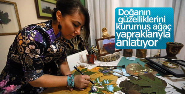 Kurumuş ağaç yapraklarından sanat eserleri üretiyor