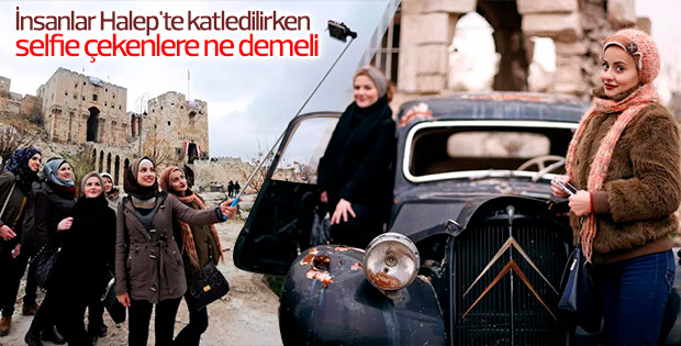 Halep'te harabelerin önünde selfie çektiler