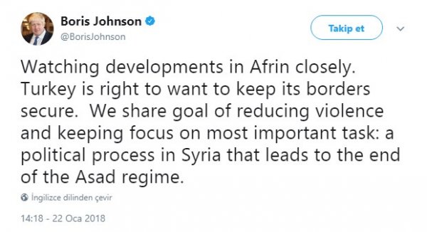 Boris Johnson'dan Afrin paylaşımı: Türkiye haklı
