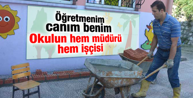 Adem Kaptan okulun hem müdürü hem işçisi