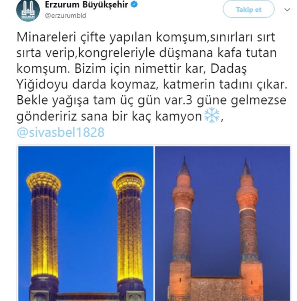 Sivas’ın esprili kar çağrısına Erzurum’dan cevap