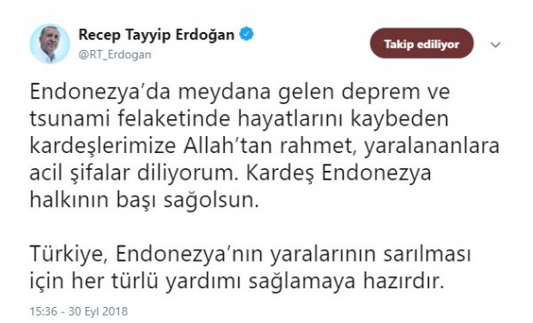 Başkan Erdoğan'dan Endonezya'ya yardım mesajı