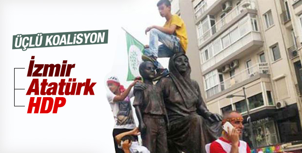 HDP'liler İzmir'de Atatürk heykelinin üzerine çıktı
