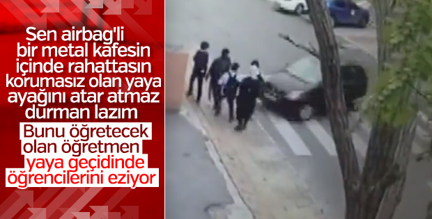Kadın öğretmen aracıyla öğrencilerin arasına daldı