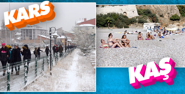 Kars'ta kar yağıyor, Antalya'da denize giriyorlar