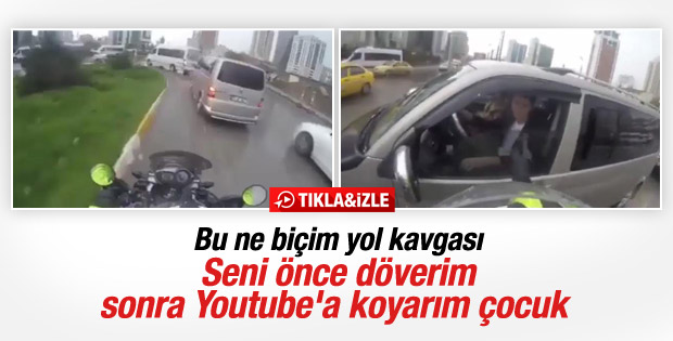 Motosiklet sürücüsüyle otomobil sürücüsünün ilginç kavgası
