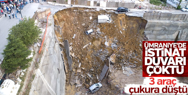 Ümraniye'de istinat duvarı çöktü, araçlar çukura düştü