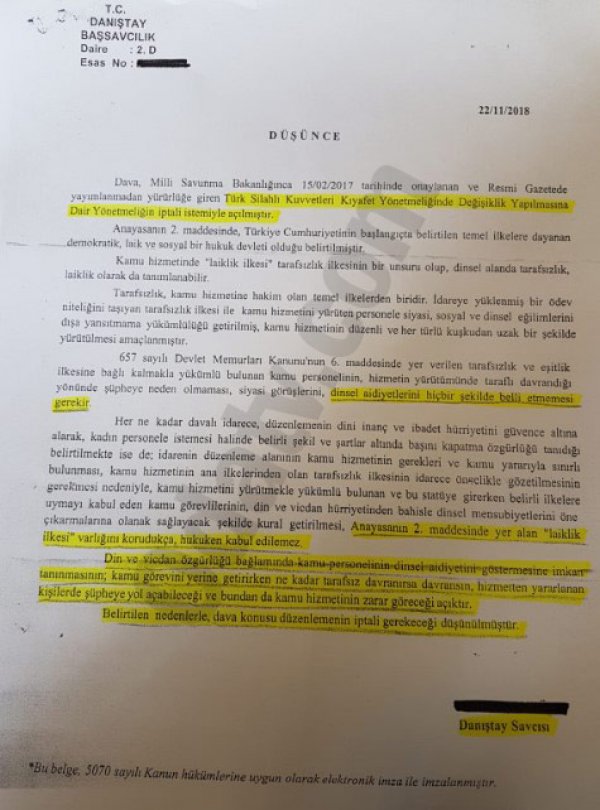 Danıştay Savcısı: TSK'da başını örtmek laiklik ilkesine aykırı