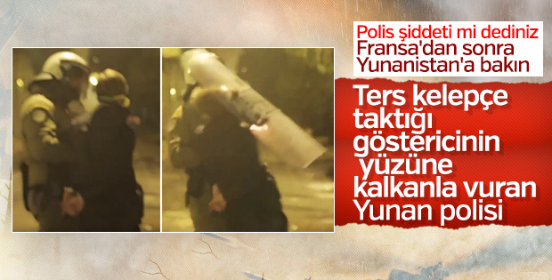 Yunan polisi protestocuya kalkanıyla vurdu